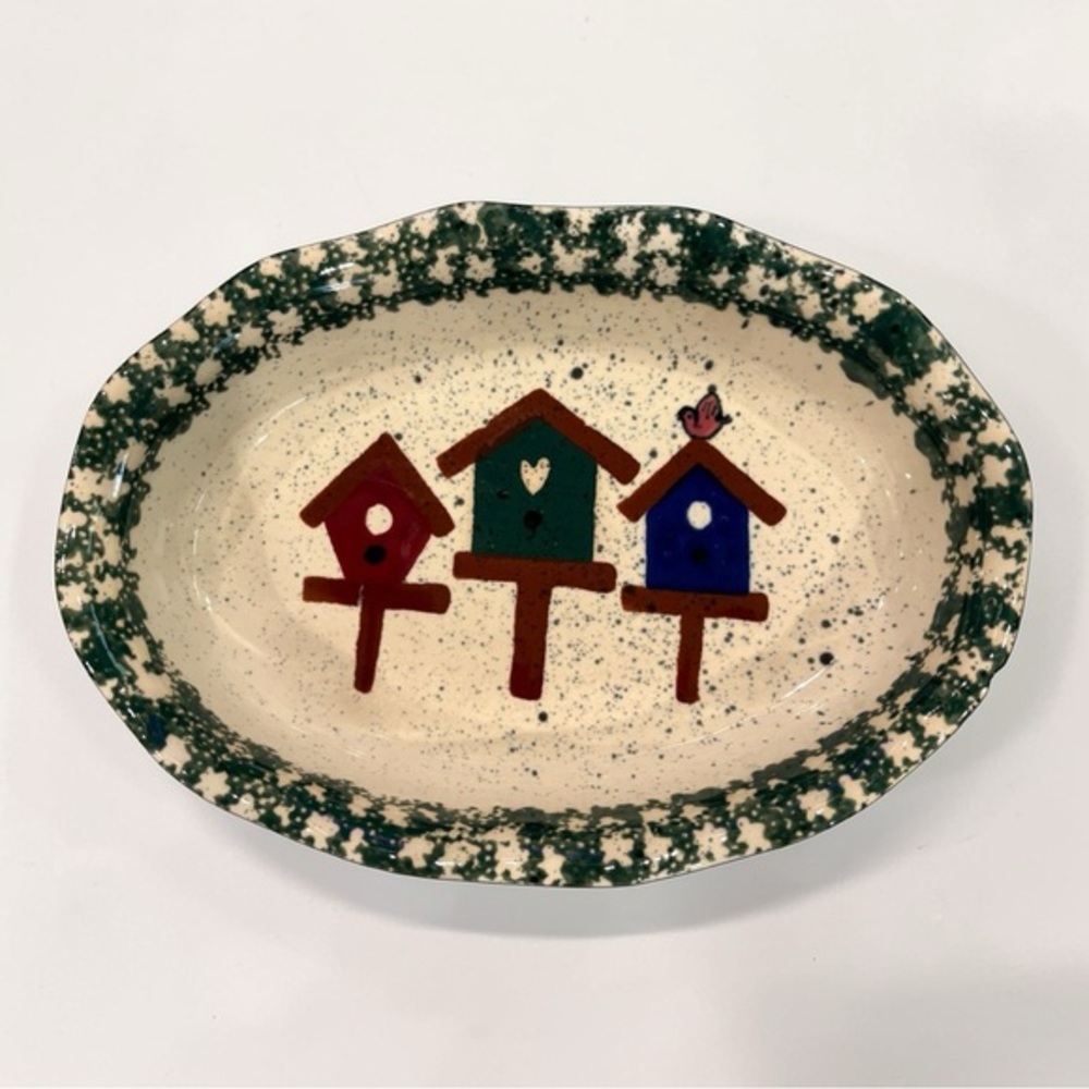 Vintage Oval Ceramic Bake Ware 11"x8"x2" Spongeware Heart Birdhouse • Small Chip